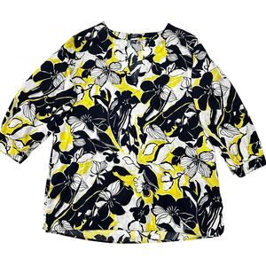 Chaps Women Blouse XL Yellow White Black Floral Colorful Twee 100% Cotton